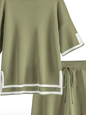 Olive Green Two-Piece Lounge Set with White Trim